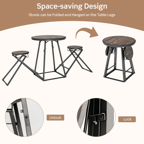 Juego de comedor de 3 piezas con 2 taburetes plegables para espacios pequeños - Gris