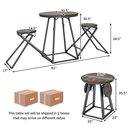 Juego de comedor de 3 piezas con 2 taburetes plegables para espacios pequeños - Gris