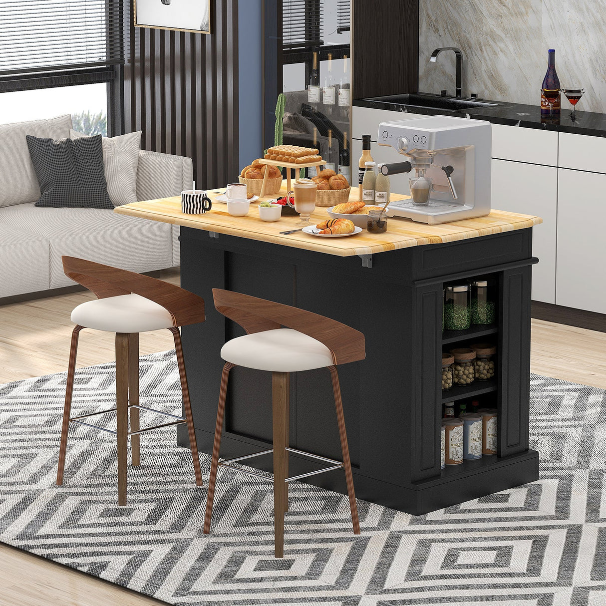 Isla de cocina con almacenamiento y estantes ajustables de 3 niveles