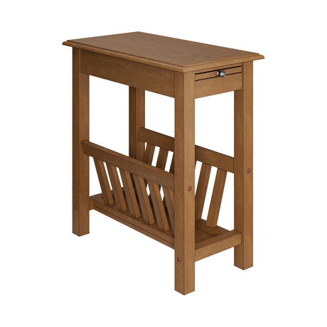 Mesa auxiliar de 2 niveles con bandeja extraíble y patas de madera maciza de caucho