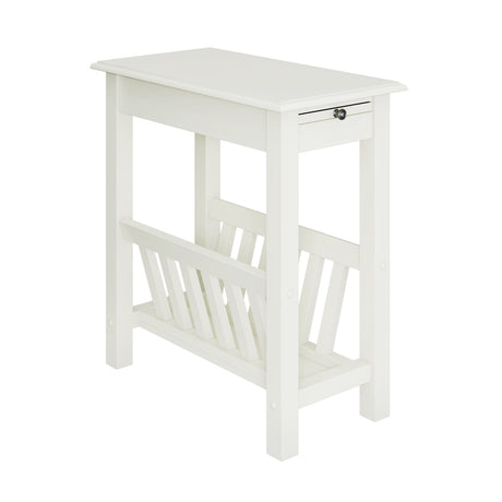 Mesa auxiliar de 2 niveles con bandeja extraíble y patas de madera maciza de caucho