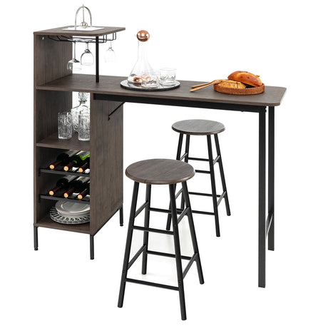 Juego de mesa de bar y 2 sillas de 3 piezas con botellero de 6 botellas - Marrón