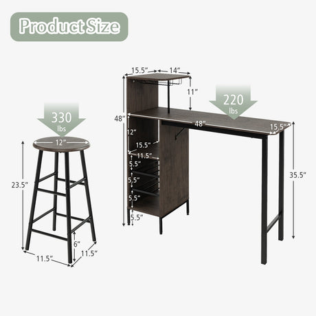 Juego de mesa de bar y 2 sillas de 3 piezas con botellero de 6 botellas - Marrón