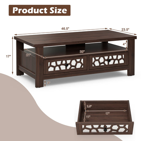 Mesa de centro de 3 niveles con 2 cajones y 5 patas de apoyo