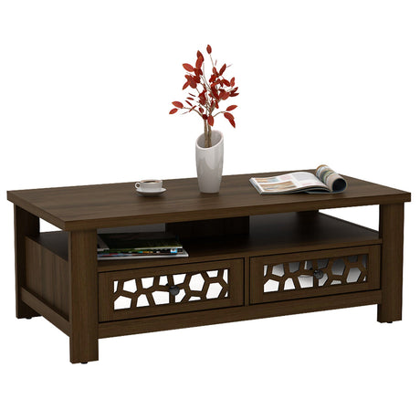 Mesa de centro de 3 niveles con 2 cajones y 5 patas de apoyo