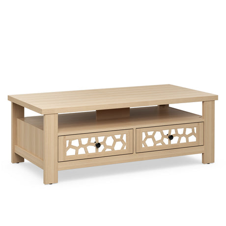 Mesa de centro de 3 niveles con 2 cajones y 5 patas de apoyo