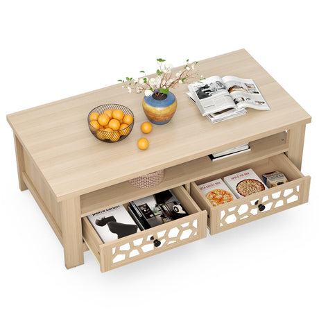 Mesa de centro de 3 niveles con 2 cajones y 5 patas de apoyo