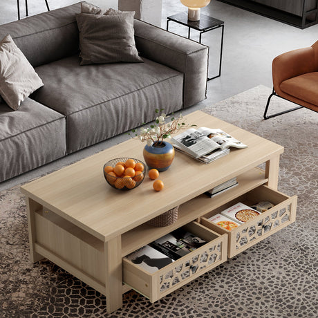 Mesa de centro de 3 niveles con 2 cajones y 5 patas de apoyo