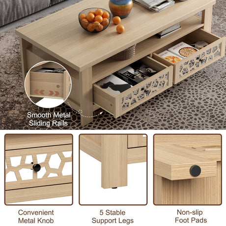 Mesa de centro de 3 niveles con 2 cajones y 5 patas de apoyo