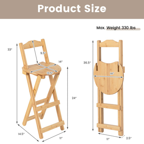 Juego de 2 taburetes de bar plegables de bambú de 24 pulgadas con reposapiés y asas, natural