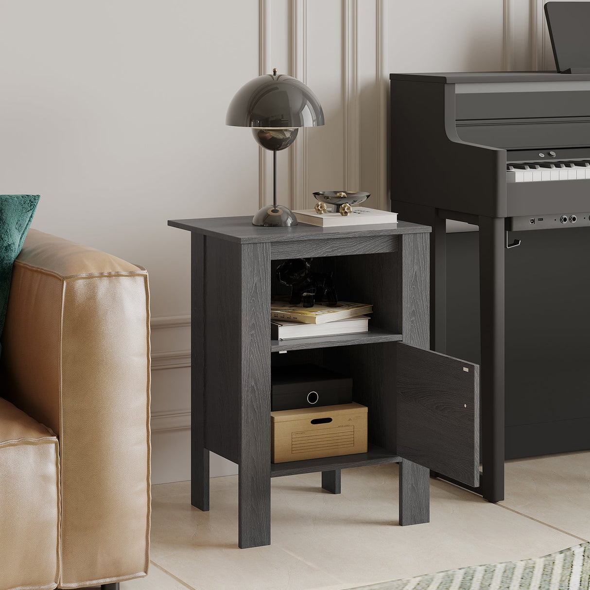 Compact Floor Farmhouse Nightstand with Open Shelf and Cabinet