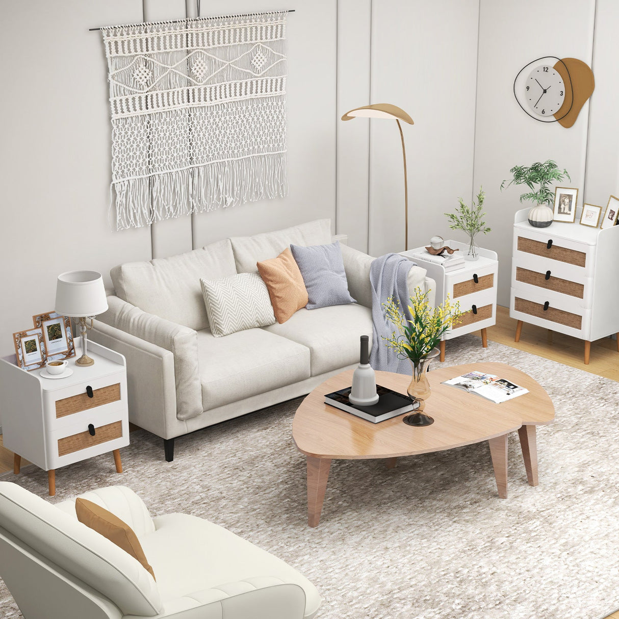 Mesita de Noche Moderna con 2 Cajones Decorados con Ratán