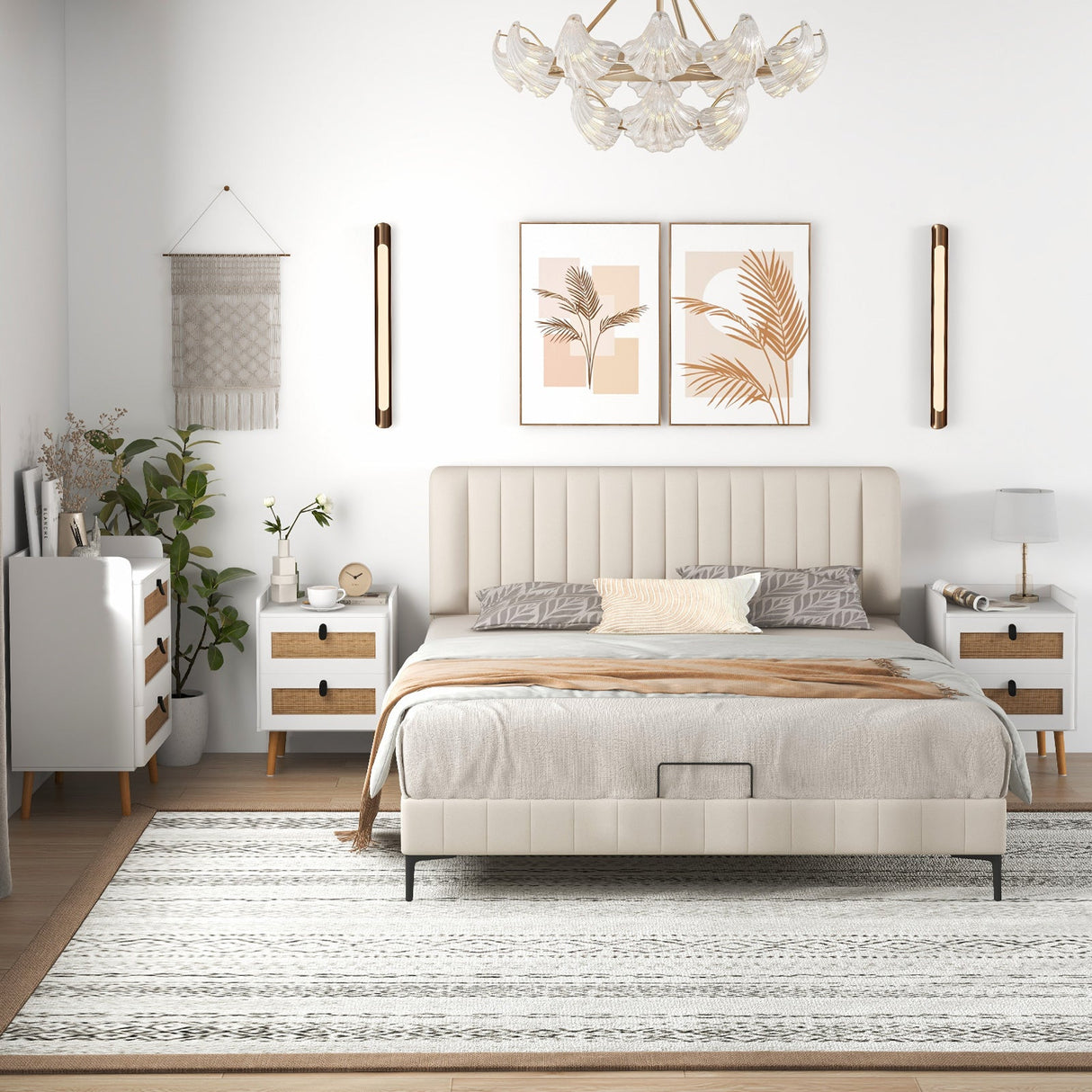 Mesita de Noche Moderna con 2 Cajones Decorados con Ratán