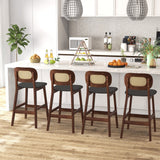 Taburetes de Bar de Madera con Respaldo de Ratán PE, Asiento Acolchado y Reposapiés - Marrón