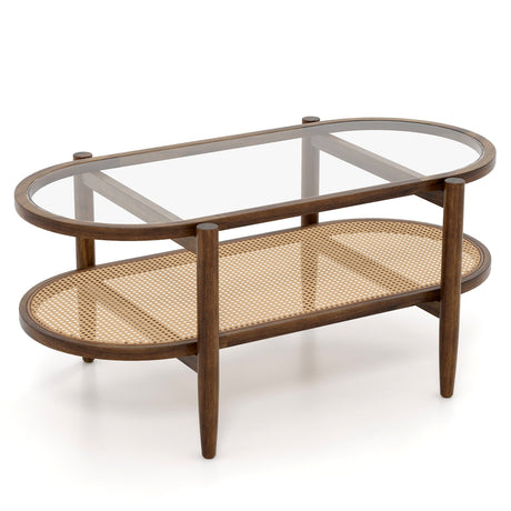 Mesa de centro de 2 niveles con tapa de cristal templado y estructura de madera de acacia