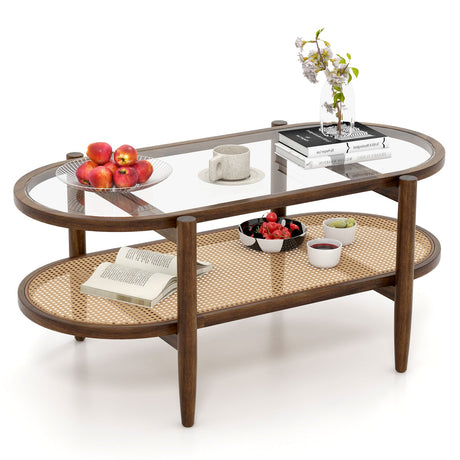 Mesa de centro de 2 niveles con tapa de cristal templado y estructura de madera de acacia