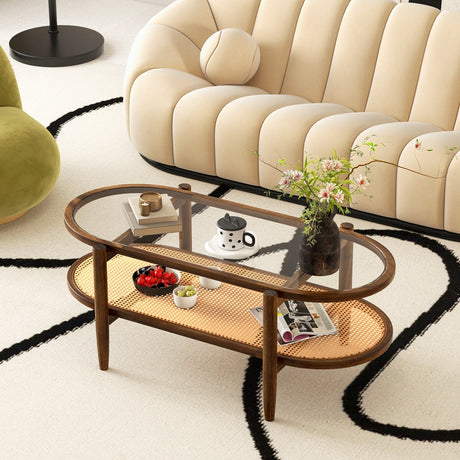 Mesa de centro de 2 niveles con tapa de cristal templado y estructura de madera de acacia