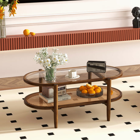 Mesa de centro de 2 niveles con tapa de cristal templado y estructura de madera de acacia