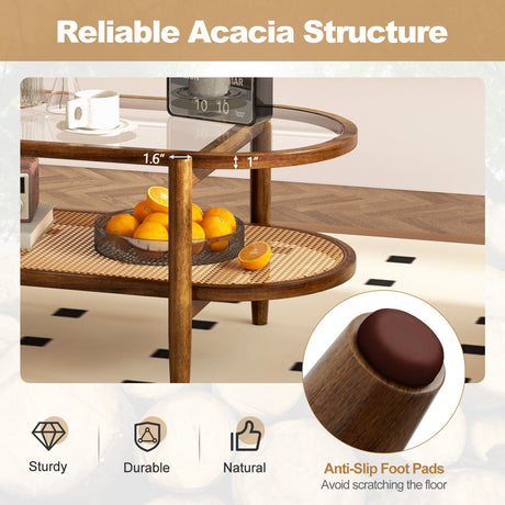 Mesa de centro de 2 niveles con tapa de cristal templado y estructura de madera de acacia
