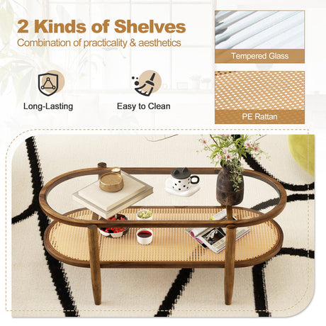 Mesa de centro de 2 niveles con tapa de cristal templado y estructura de madera de acacia
