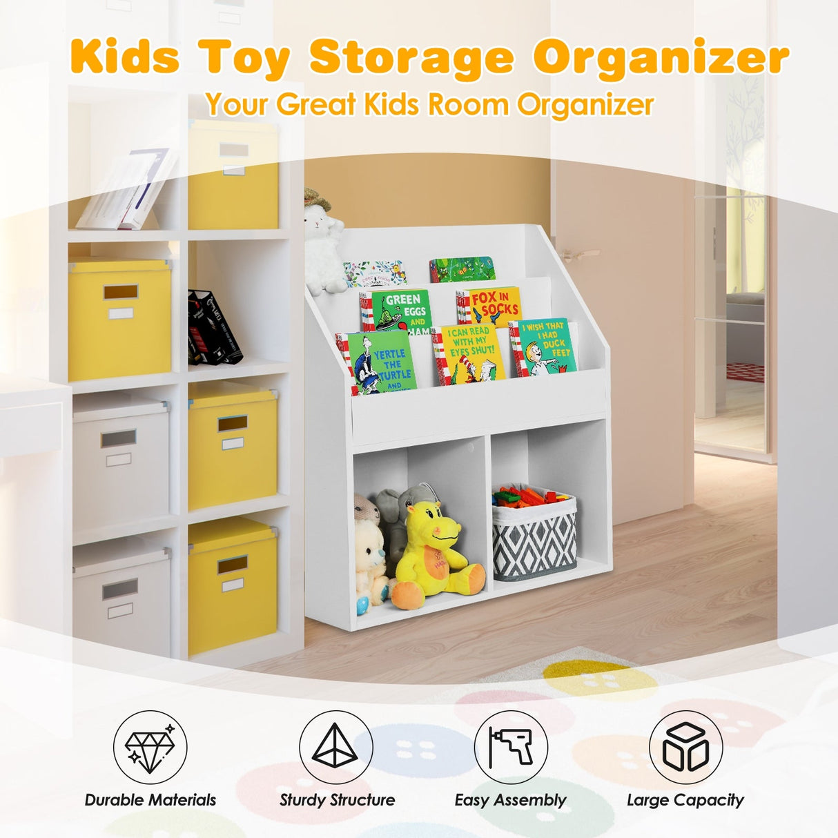 Estantería infantil de madera Estantería con almacenamiento de juguetes para niños Organizador - Blanca
