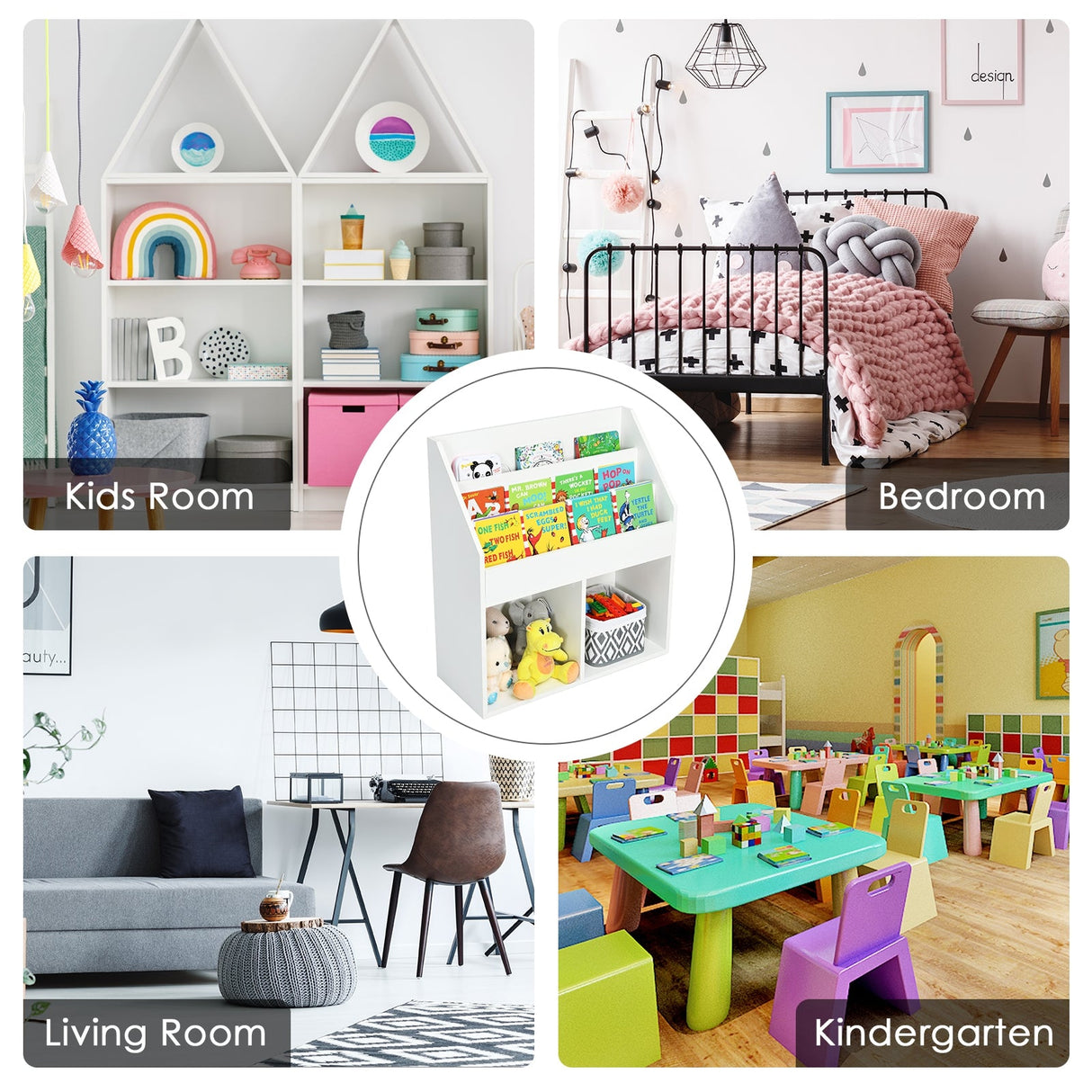 Estantería infantil de madera Estantería con almacenamiento de juguetes para niños Organizador - Blanca