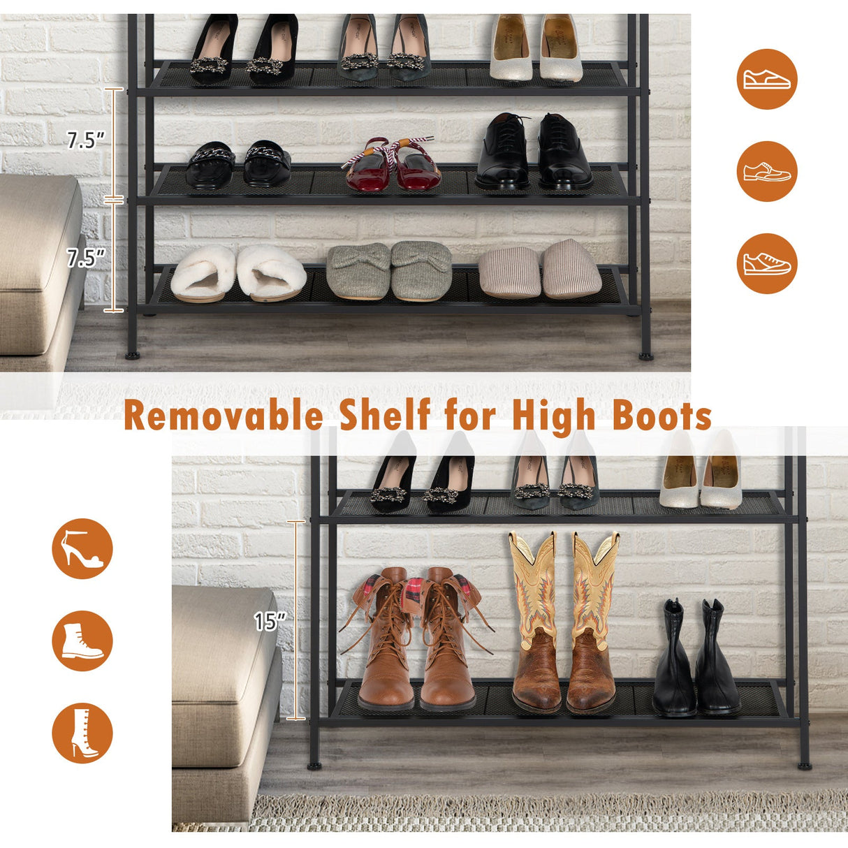 Zapatero metálico industrial ajustable de 5 niveles con 4 estantes para 16-20 pares