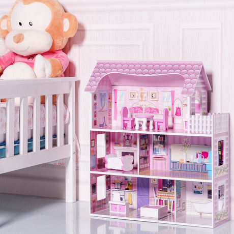 Casa de muñecas rosa de 28 pulgadas con muebles