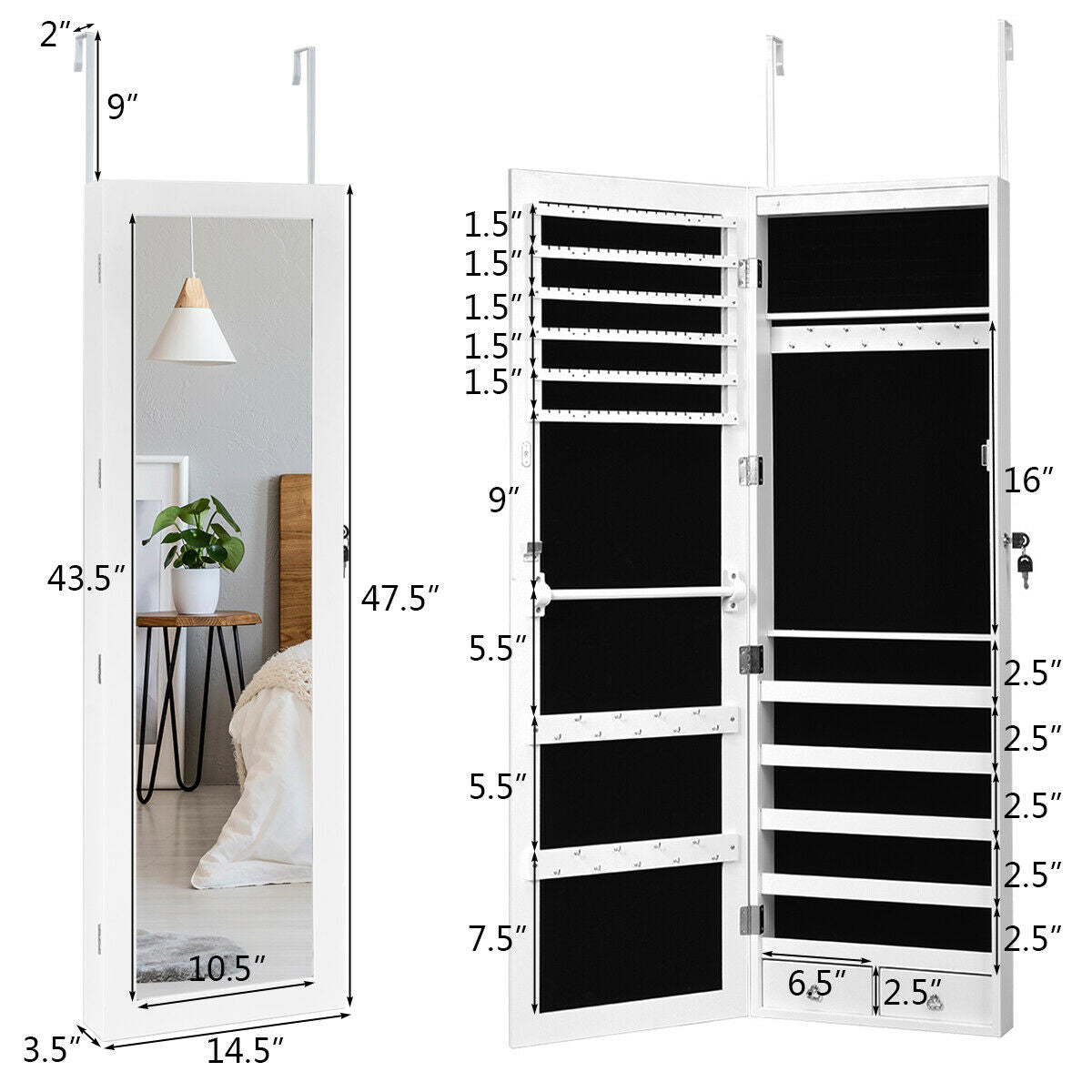 Armario para joyas con espejo, montado en la pared, con cerradura y luz LED