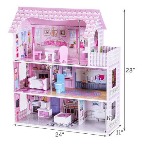 Casa de muñecas rosa de 28 pulgadas con muebles
