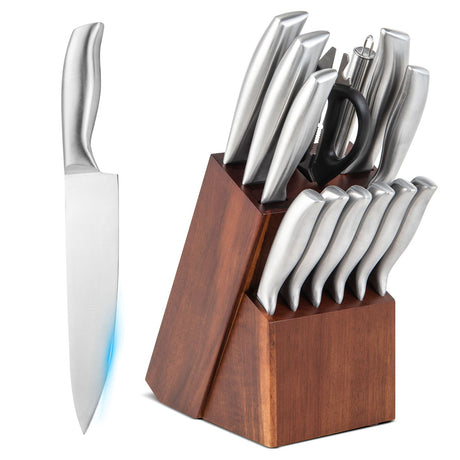 Juego de Cuchillos de Cocina de 14 Piezas Juego de Bloques de Cuchillos de Acero Inoxidable con Afilador