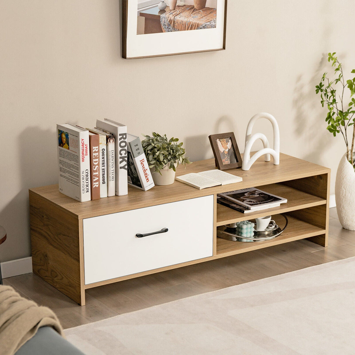 Mueble de TV con 2 estantes abiertos y cajón para televisores de 55 pulgadas