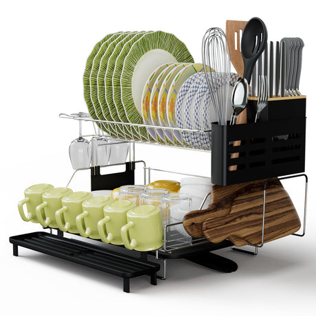 Escurridor de platos desmontable de 2 niveles con soporte para cubiertos