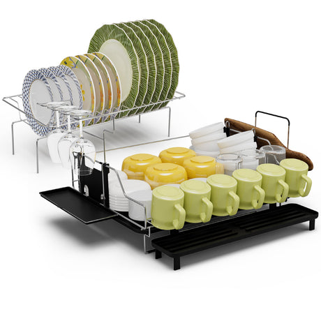 Escurridor de platos desmontable de 2 niveles con soporte para cubiertos