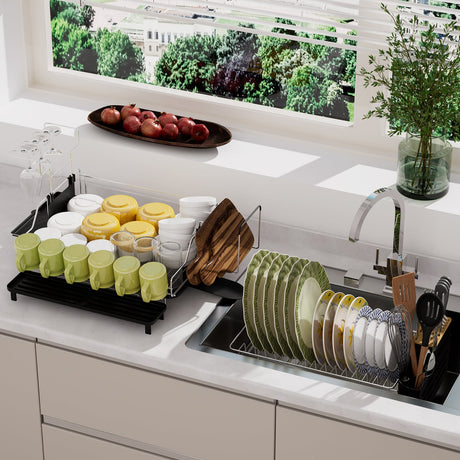Escurridor de platos desmontable de 2 niveles con soporte para cubiertos