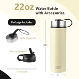 Botella de agua de acero inoxidable con aislamiento de doble pared de 22 oz con 2 tapas y pajita