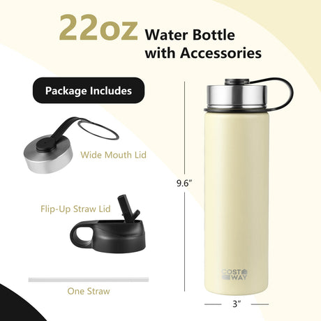 Botella de agua de acero inoxidable con aislamiento de doble pared de 22 oz con 2 tapas y pajita