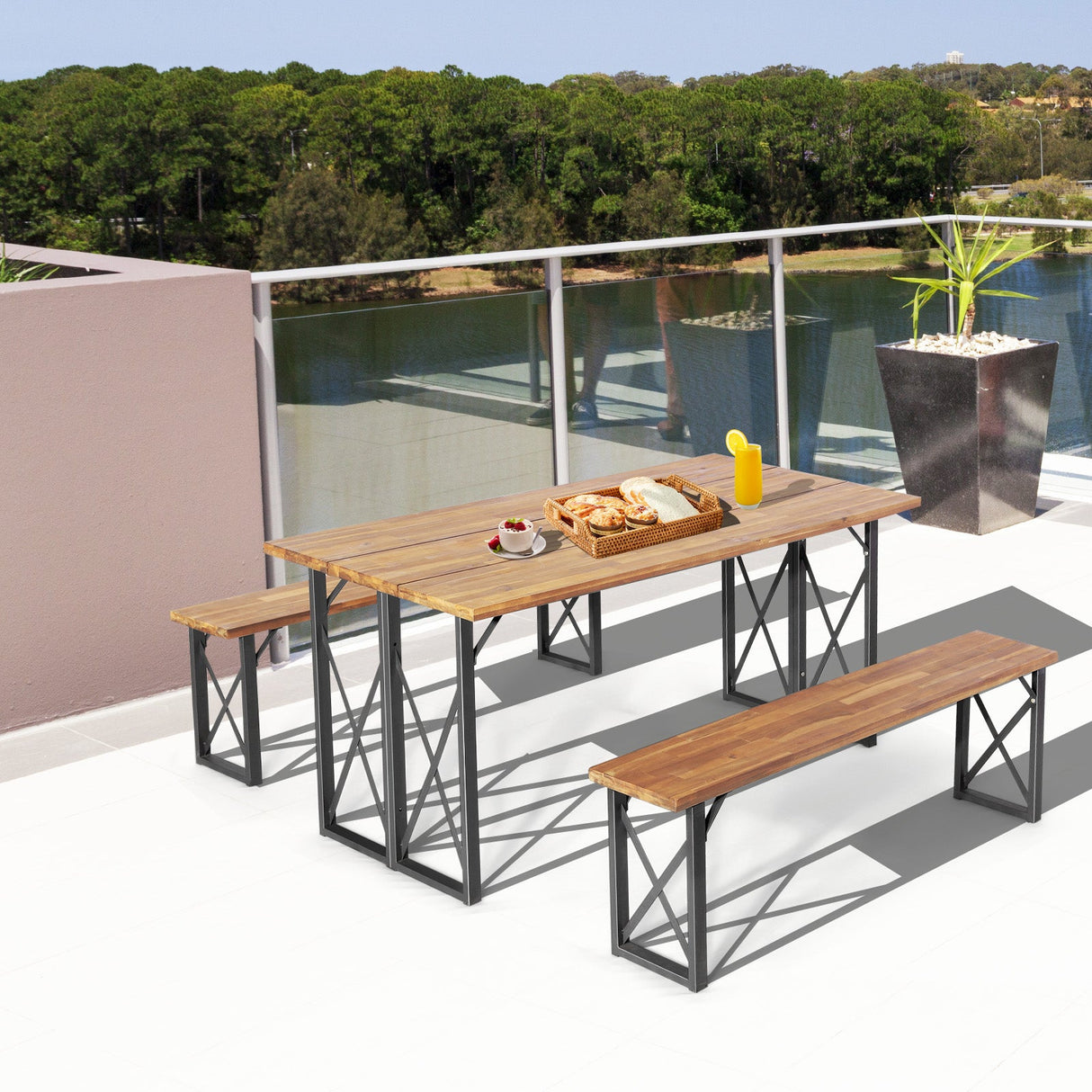 Juego de mesa de comedor para patio exterior de 6 personas con orificio para sombrilla de 2 pulgadas