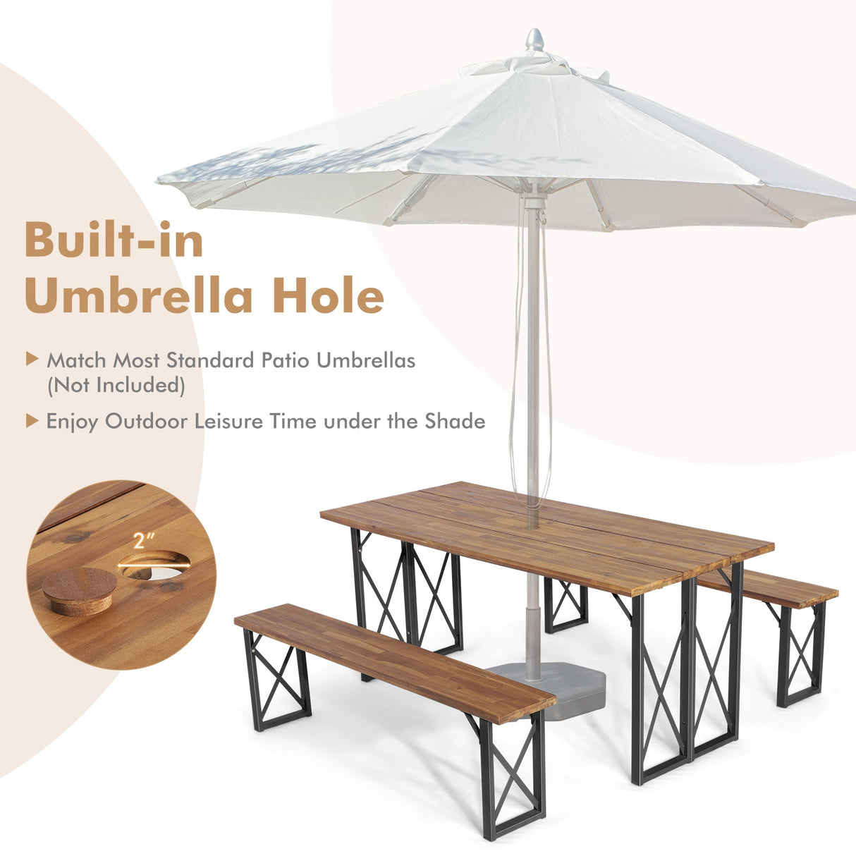 Juego de mesa de comedor para patio exterior de 6 personas con orificio para sombrilla de 2 pulgadas