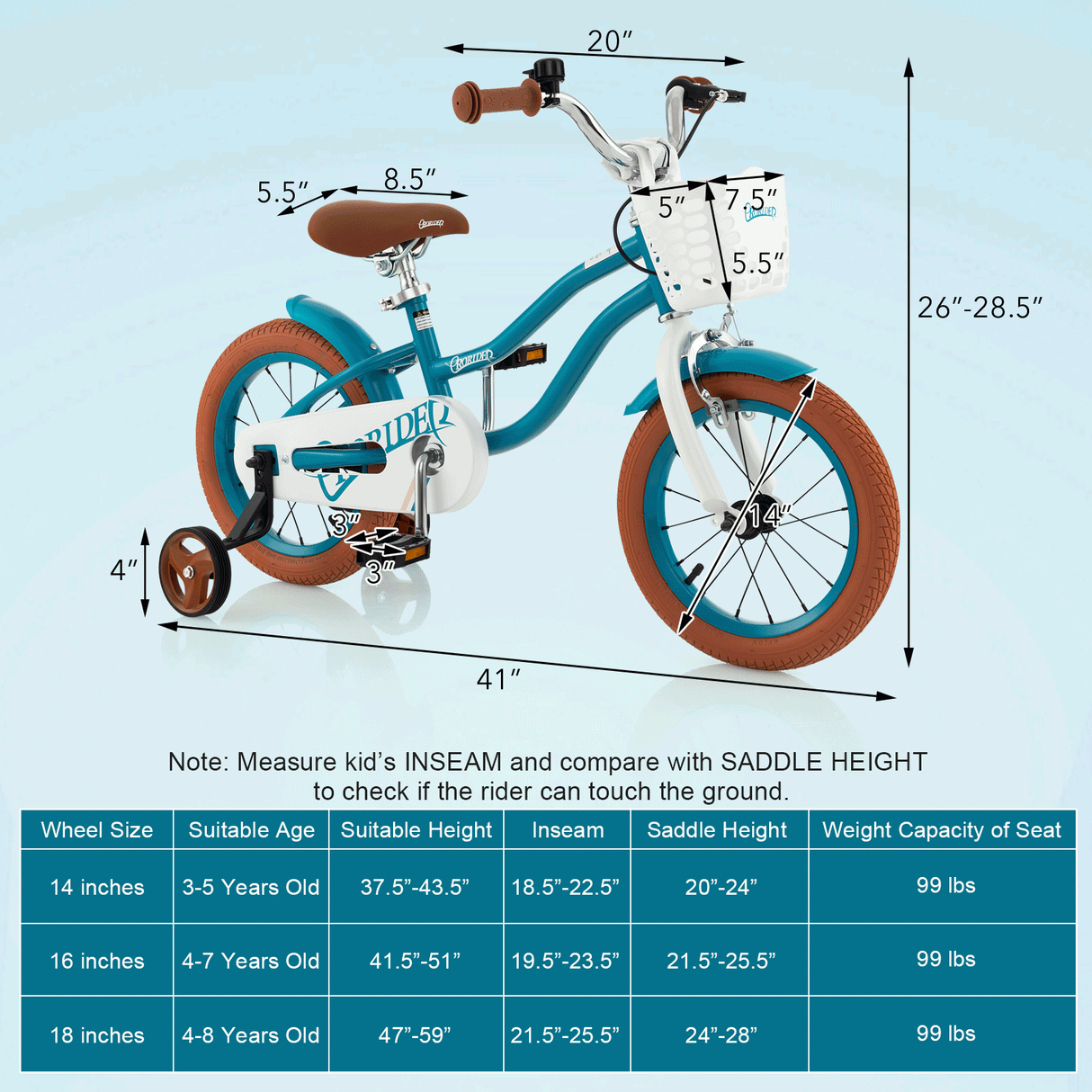 Bicicleta Infantil de 14 Pulgadas con Ruedas de Entrenamiento Desmontables y Cesta - Azul