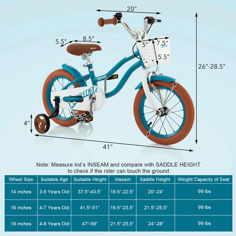 Bicicleta Infantil de 14 Pulgadas con Ruedas de Entrenamiento Desmontables y Cesta - Azul