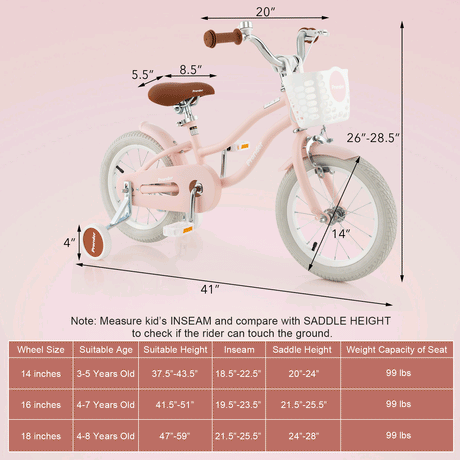 Bicicleta para niños de 14 pulgadas con ruedas de entrenamiento extraíbles y cesta - Rosa