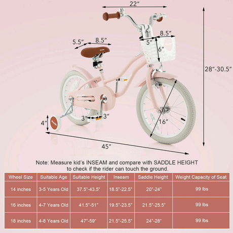 Bicicleta infantil de 16 pulgadas con freno de mano delantero y 2 ruedas de aprendizaje-Rosa