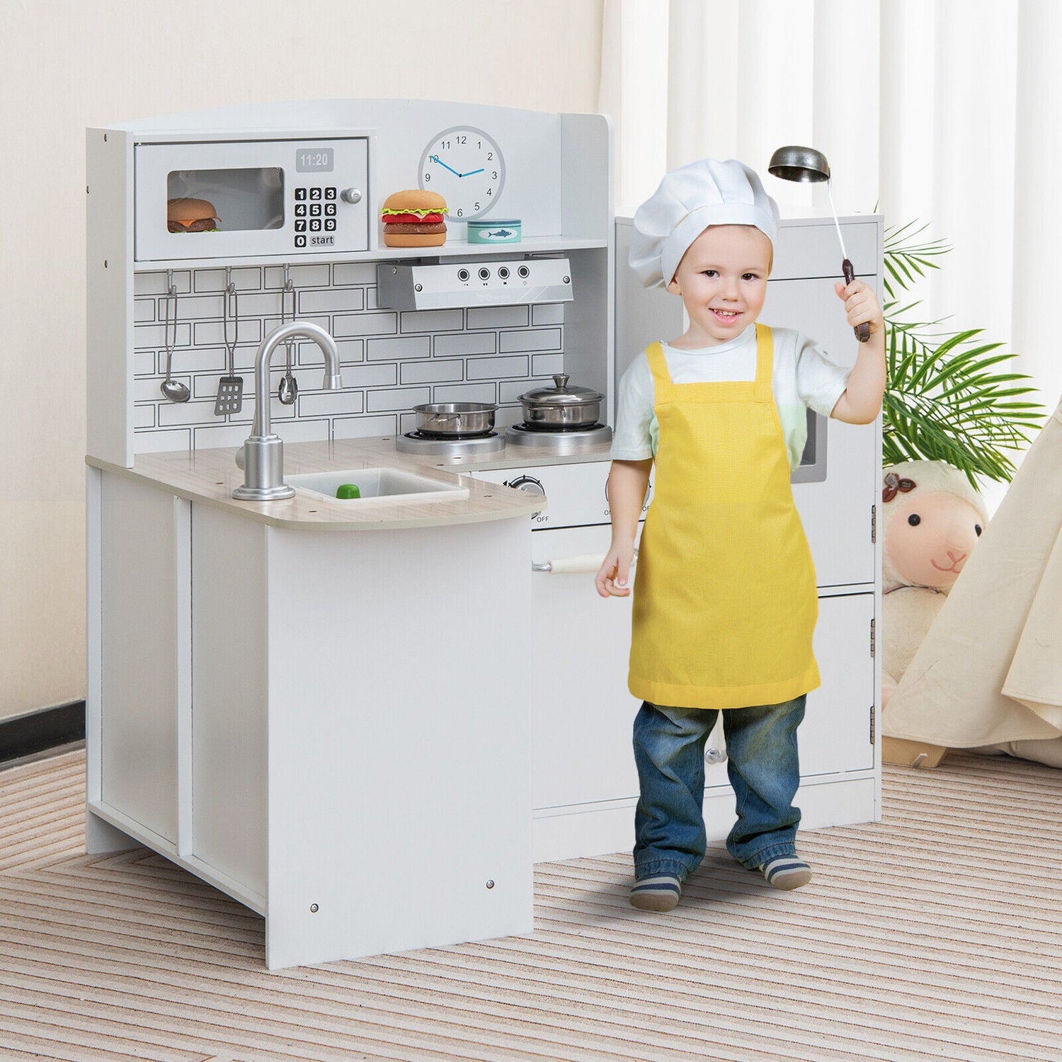 Juego de cocina infantil Conor, juguete de cocina con microondas y horno realistas, color blanco