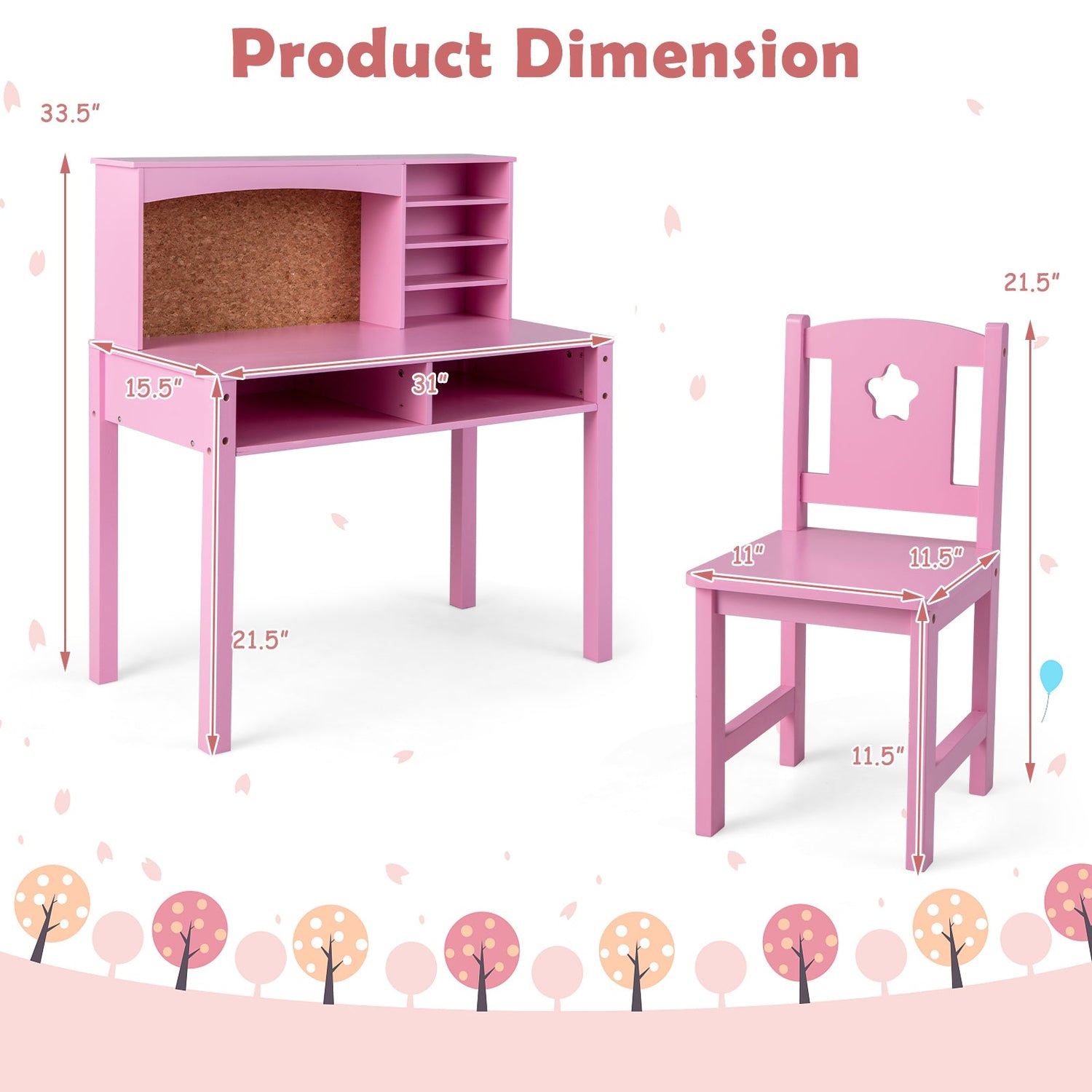 Kids Desk and Chair Set with Hutch and Bulletin Board for 3+ Kids
