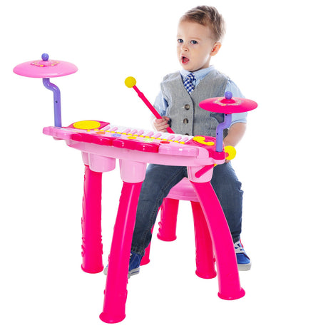Juego de batería y teclado electrónico 2 en 1 para niños con taburete