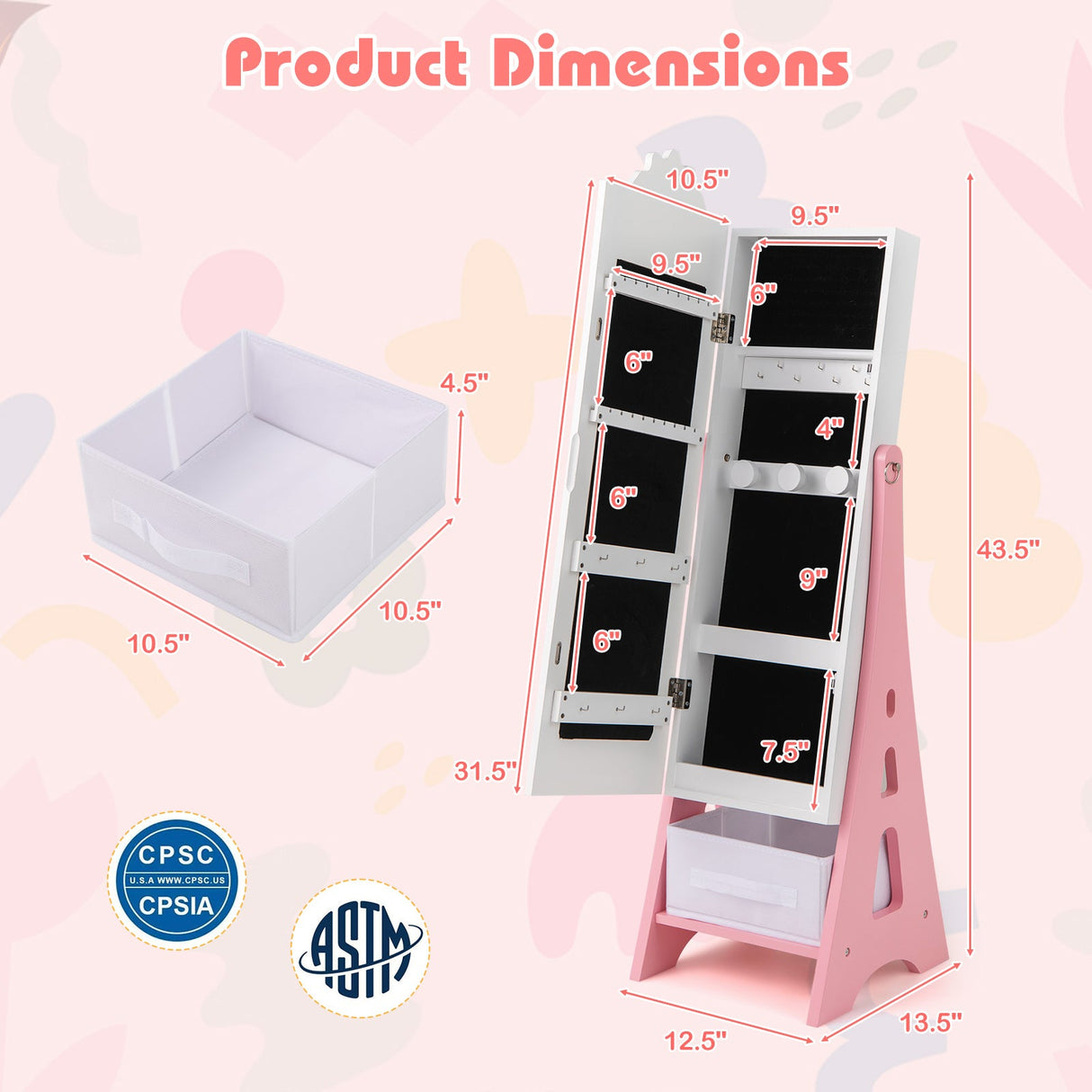 Kids Jewelry Cabinet with Full-Length Mirror and Foldable Drawer-White