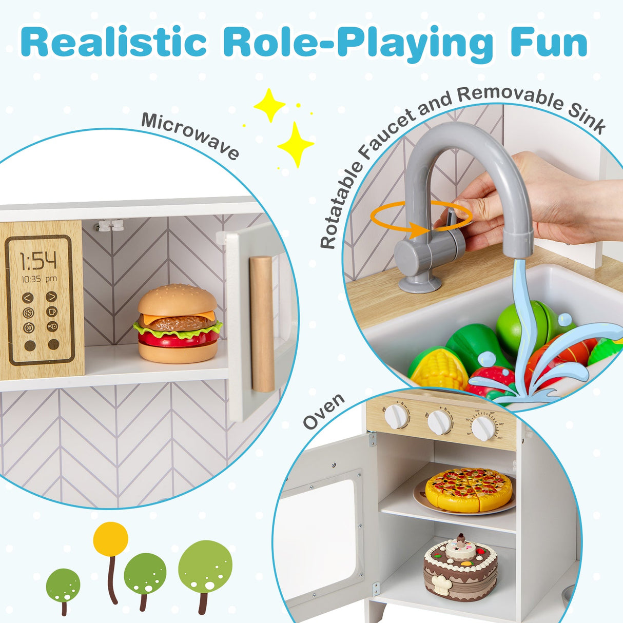Juego de cocina infantil con luces, sonidos, microondas, hornillas, fregadero, horno y accesorios de cocina - Blanco