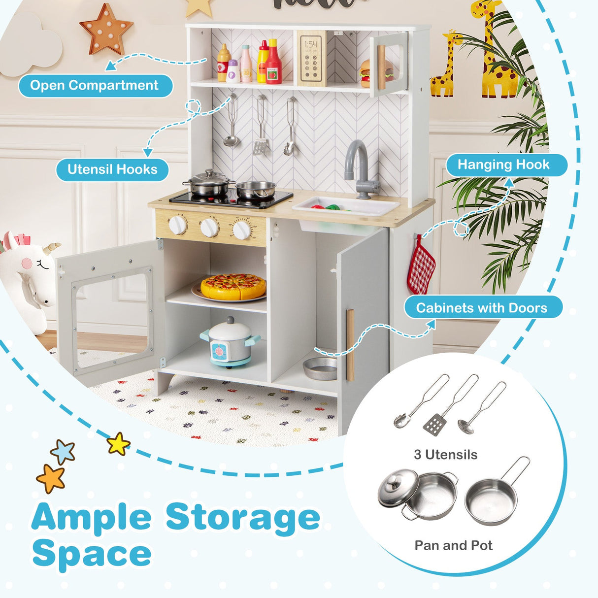 Juego de cocina infantil con luces, sonidos, microondas, hornillas, fregadero, horno y accesorios de cocina - Blanco