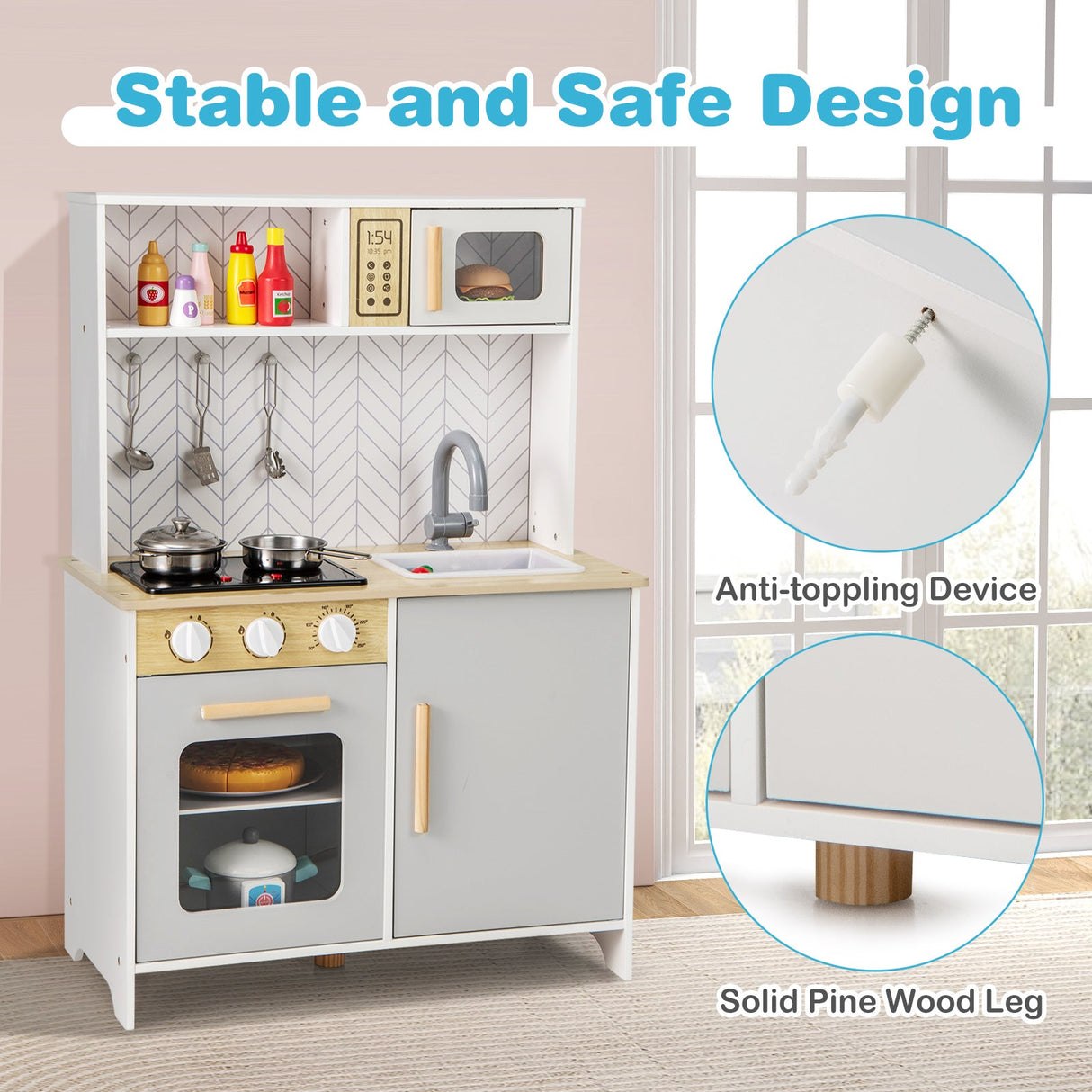 Juego de cocina infantil con luces, sonidos, microondas, hornillas, fregadero, horno y accesorios de cocina - Blanco